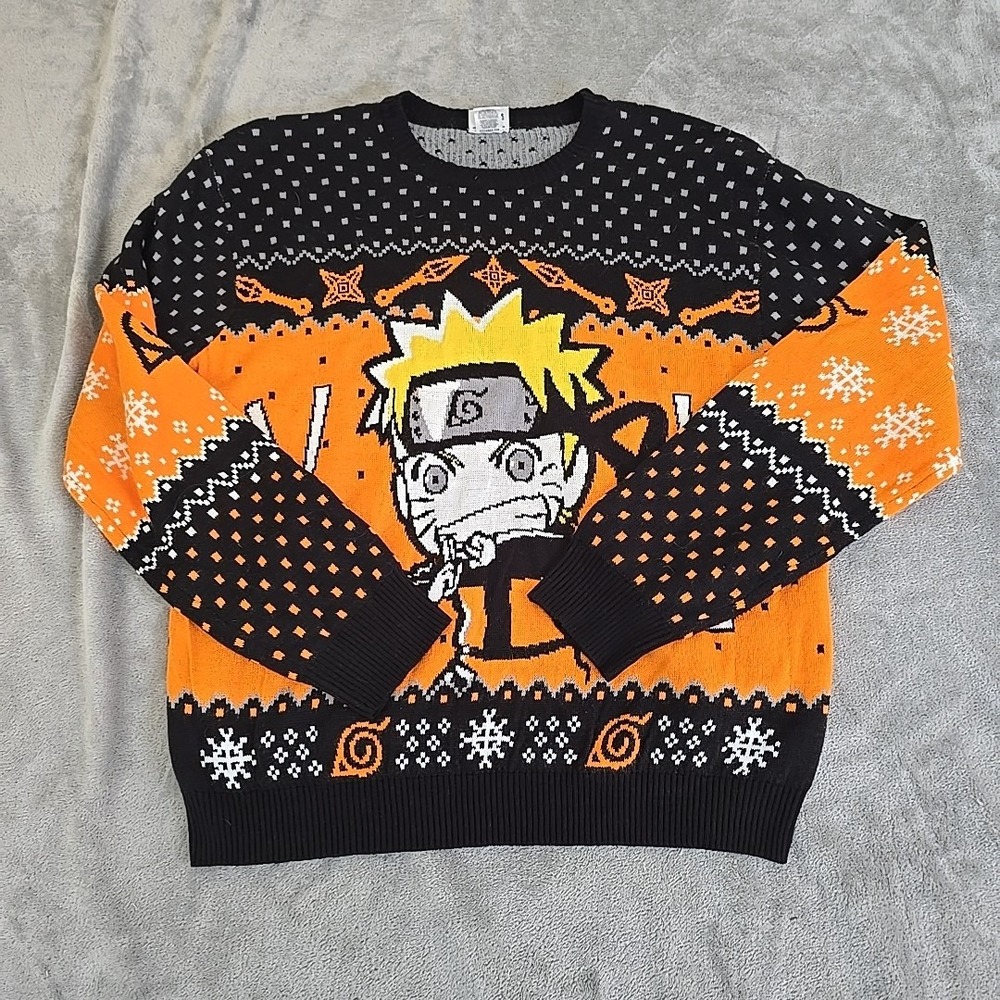 Naruto Shippuden Sweater Mens XL Orange Black Holiday Crew Neck Casual Ugly